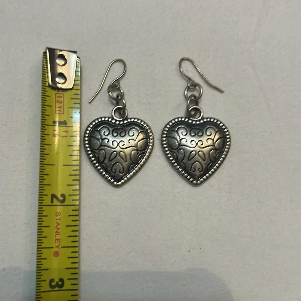 Vintage Silvertone Heart Scrolled Dangle Drop Pierced Earrings